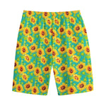 Teal Watercolor Sunflower Pattern Print Cotton Shorts