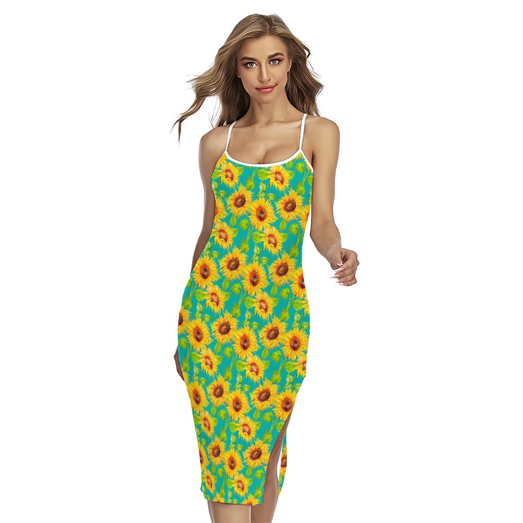 Teal Watercolor Sunflower Pattern Print Cross Back Cami Dress