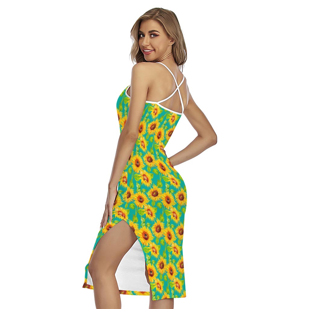 Teal Watercolor Sunflower Pattern Print Cross Back Cami Dress