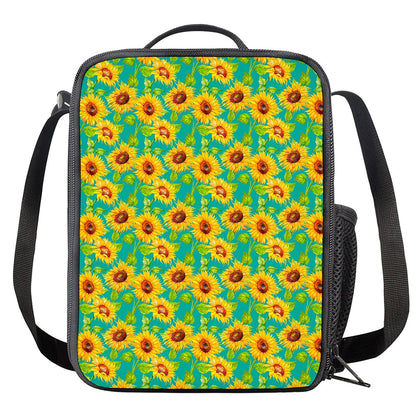 Teal Watercolor Sunflower Pattern Print Crossbody Lunch Bag