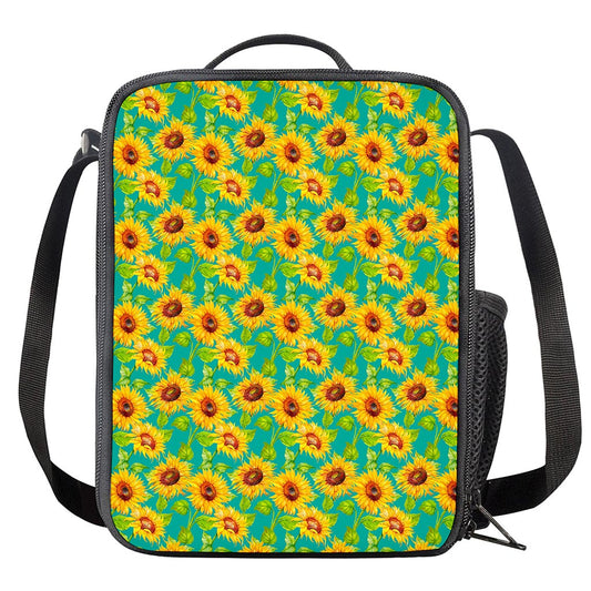 Teal Watercolor Sunflower Pattern Print Crossbody Lunch Bag