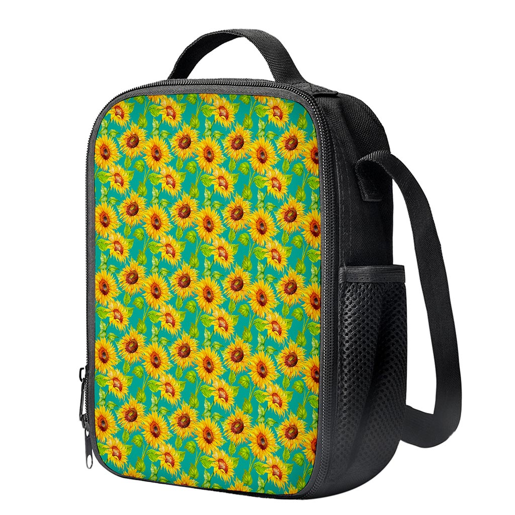 Teal Watercolor Sunflower Pattern Print Crossbody Lunch Bag