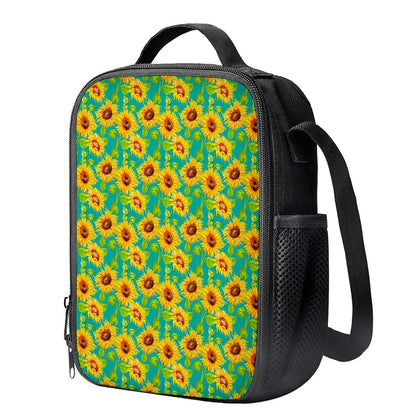 Teal Watercolor Sunflower Pattern Print Crossbody Lunch Bag