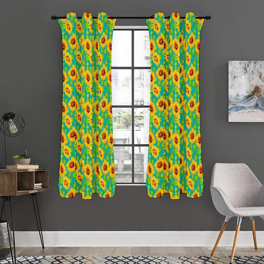 Teal Watercolor Sunflower Pattern Print Curtain