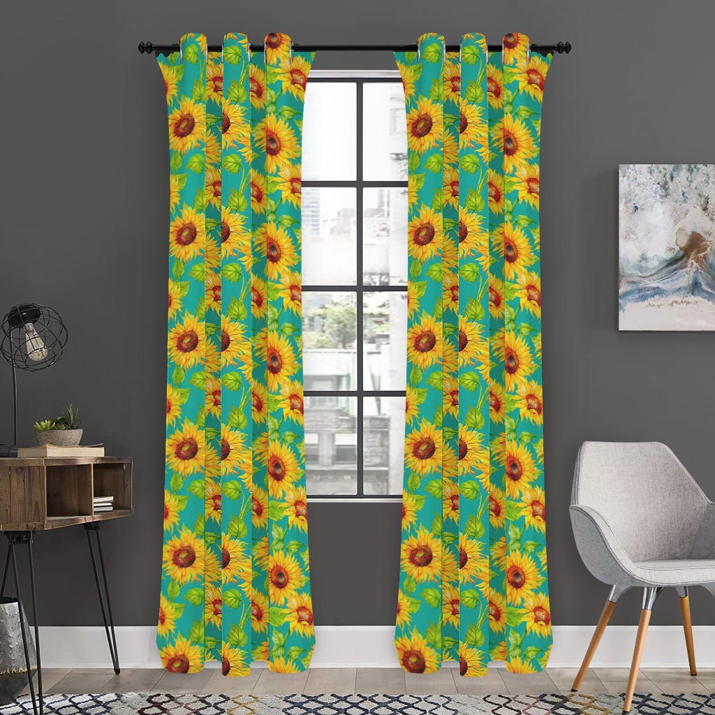 Teal Watercolor Sunflower Pattern Print Curtain
