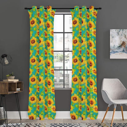 Teal Watercolor Sunflower Pattern Print Curtain