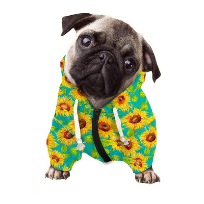 Teal Watercolor Sunflower Pattern Print Dog Zip Up Hoodie