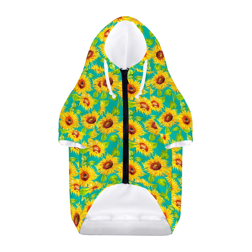 Teal Watercolor Sunflower Pattern Print Dog Zip Up Hoodie