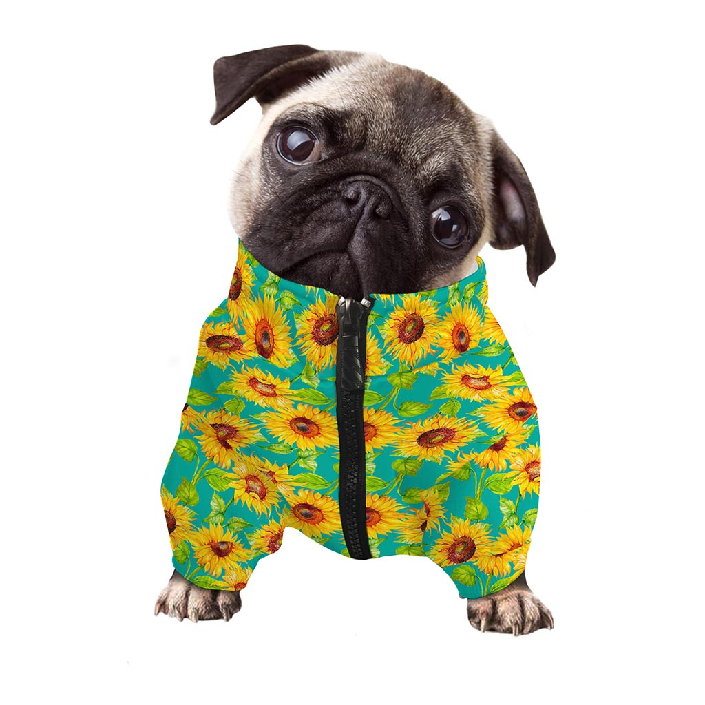 Teal Watercolor Sunflower Pattern Print Dog Zip Up Jacket