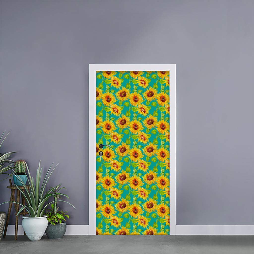 Teal Watercolor Sunflower Pattern Print Door Sticker