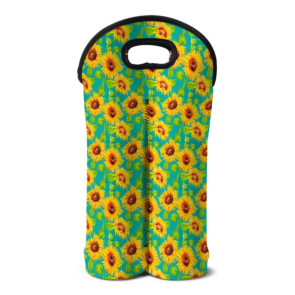 Teal Watercolor Sunflower Pattern Print Double Neoprene Wine Tote