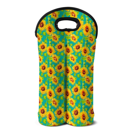 Teal Watercolor Sunflower Pattern Print Double Neoprene Wine Tote