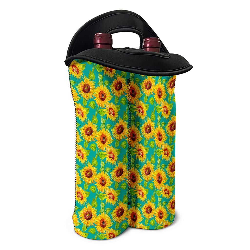 Teal Watercolor Sunflower Pattern Print Double Neoprene Wine Tote