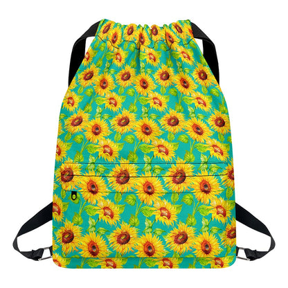 Teal Watercolor Sunflower Pattern Print Drawstring Backpack
