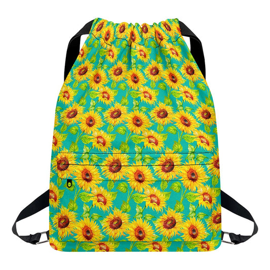 Teal Watercolor Sunflower Pattern Print Drawstring Backpack