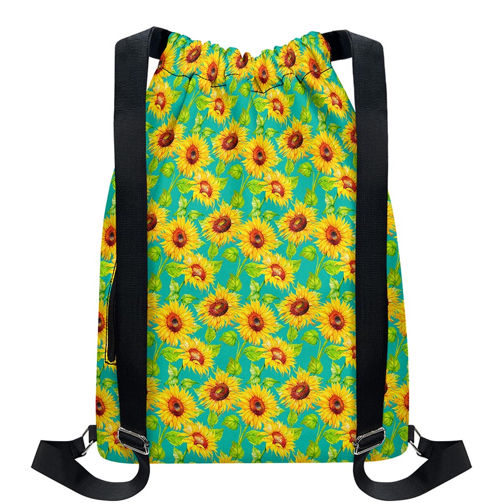Teal Watercolor Sunflower Pattern Print Drawstring Backpack