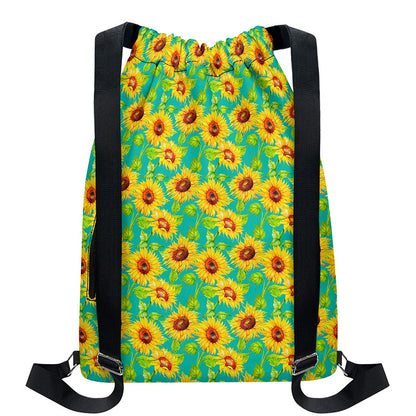 Teal Watercolor Sunflower Pattern Print Drawstring Backpack