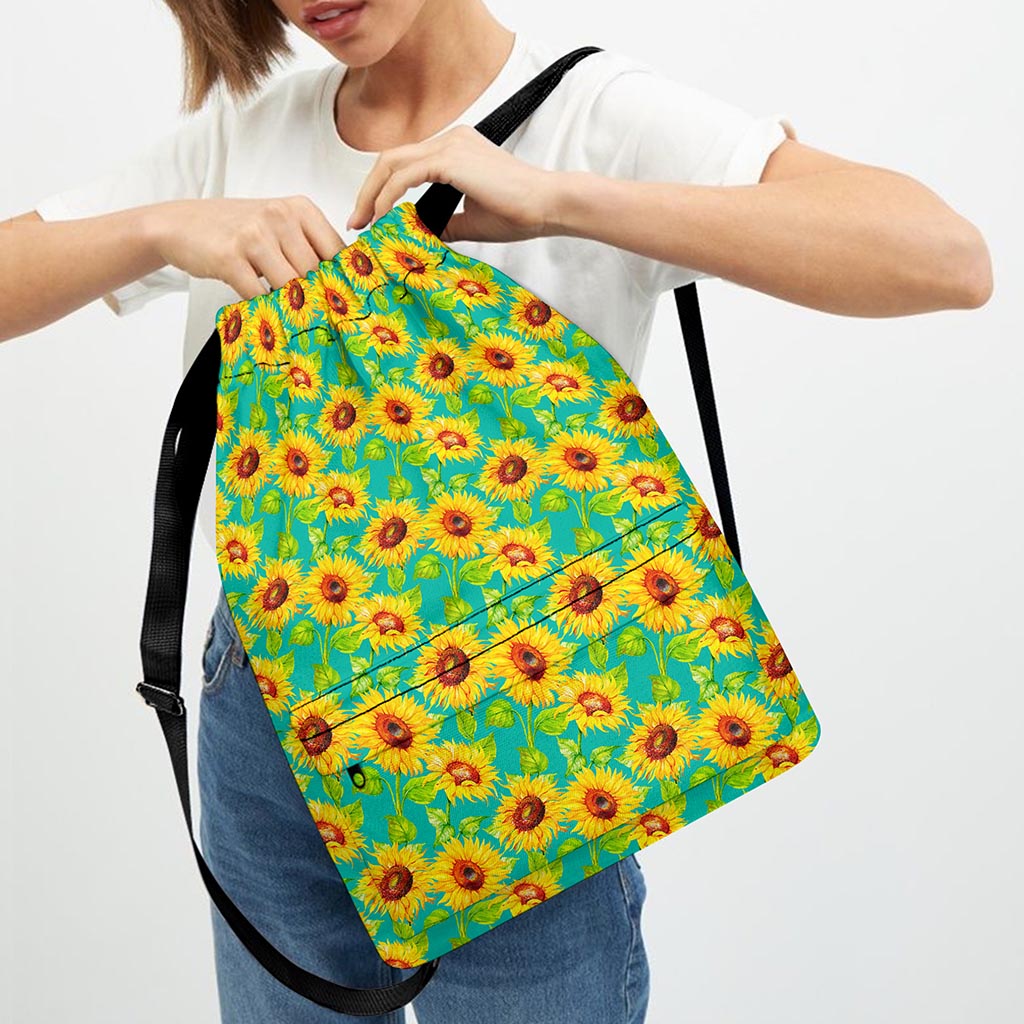 Teal Watercolor Sunflower Pattern Print Drawstring Backpack