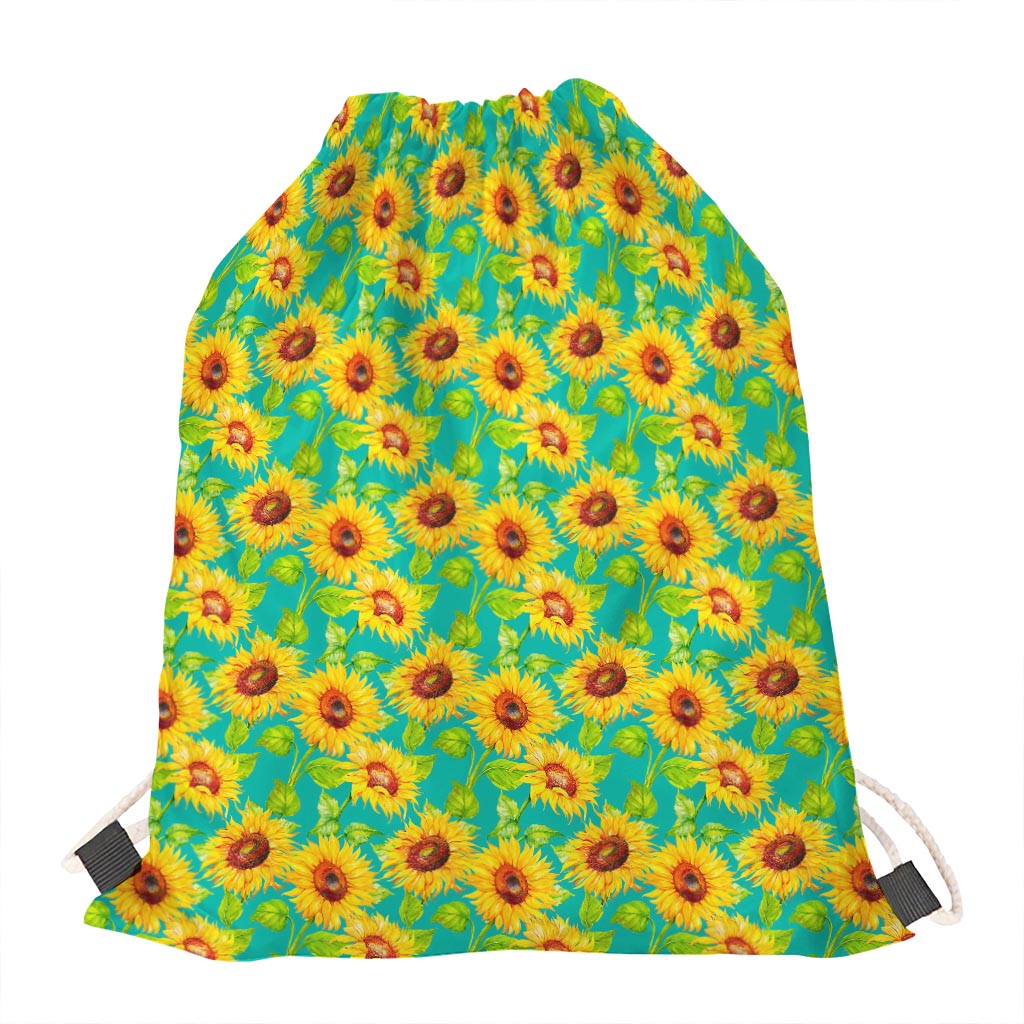 Teal Watercolor Sunflower Pattern Print Drawstring Bag