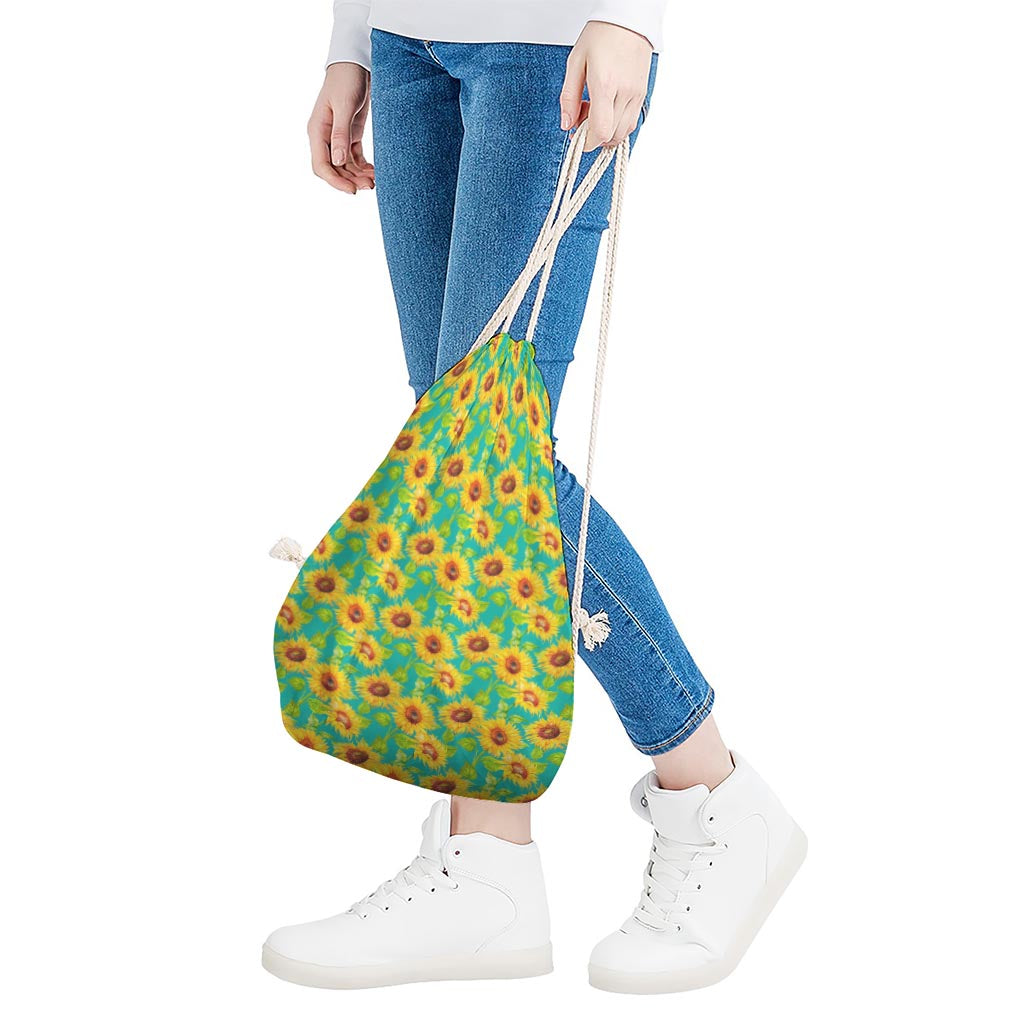 Teal Watercolor Sunflower Pattern Print Drawstring Bag