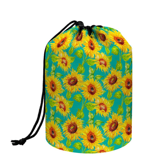 Teal Watercolor Sunflower Pattern Print Drawstring Makeup Bag