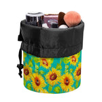 Teal Watercolor Sunflower Pattern Print Drawstring Makeup Bag