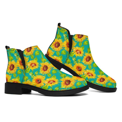 Teal Watercolor Sunflower Pattern Print Flat Ankle Boots