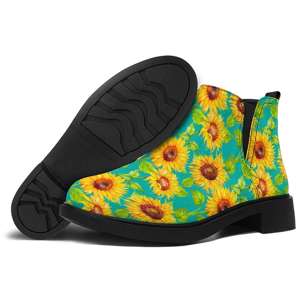 Teal Watercolor Sunflower Pattern Print Flat Ankle Boots