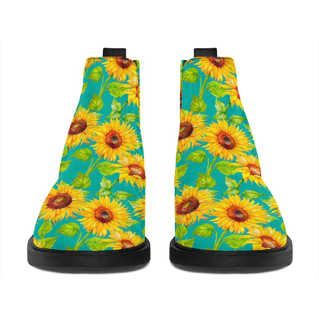 Teal Watercolor Sunflower Pattern Print Flat Ankle Boots
