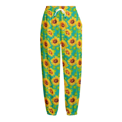 Teal Watercolor Sunflower Pattern Print Fleece Lined Knit Pants