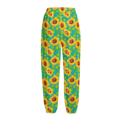 Teal Watercolor Sunflower Pattern Print Fleece Lined Knit Pants