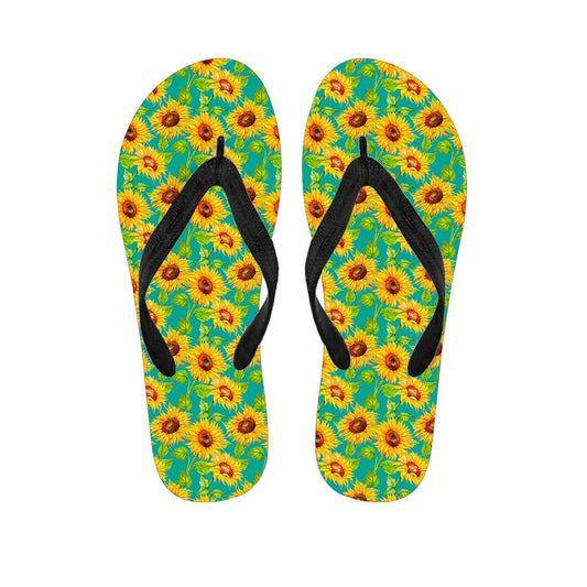 Teal Watercolor Sunflower Pattern Print Flip Flops