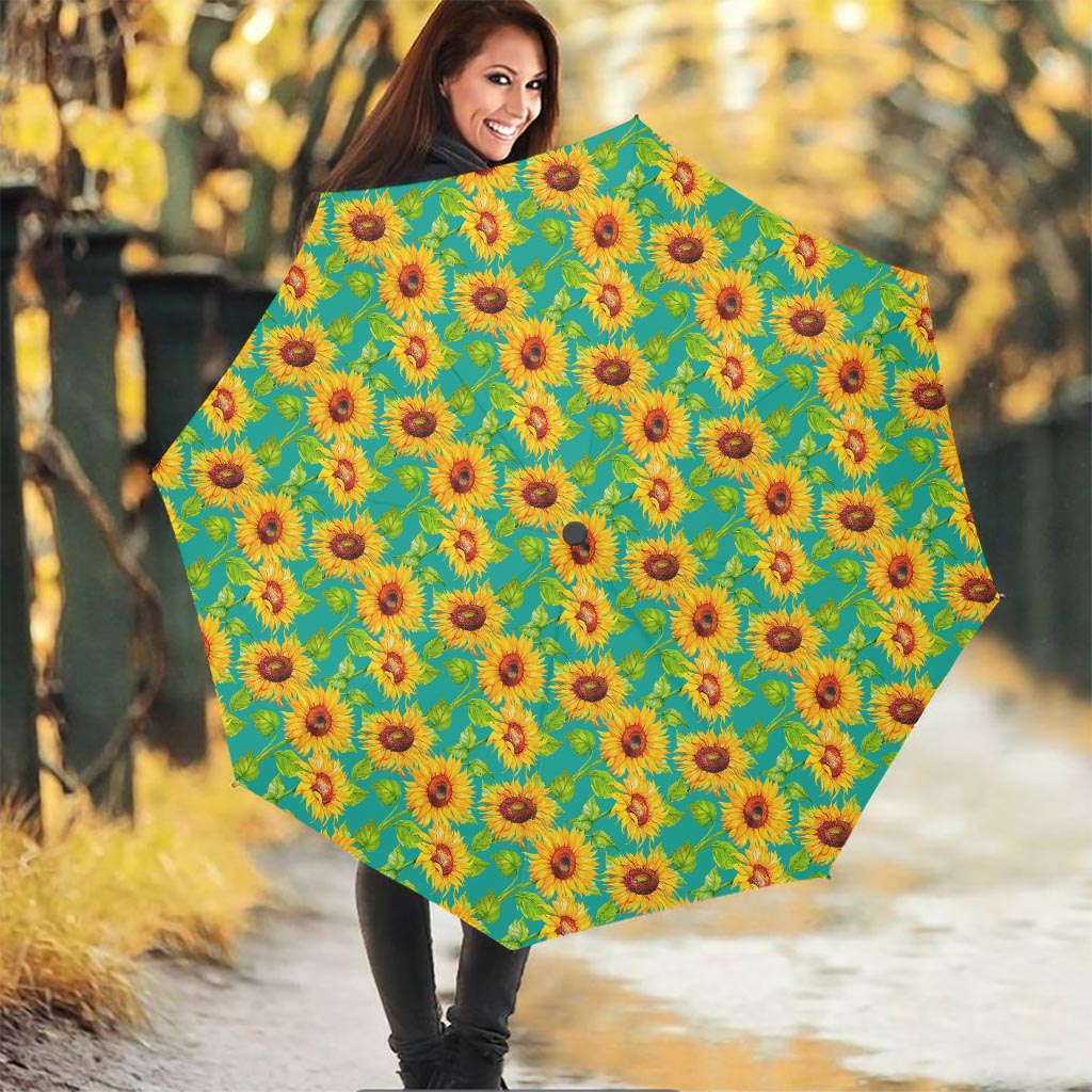 Teal Watercolor Sunflower Pattern Print Foldable Umbrella