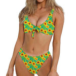 Teal Watercolor Sunflower Pattern Print Front Bow Tie Bikini