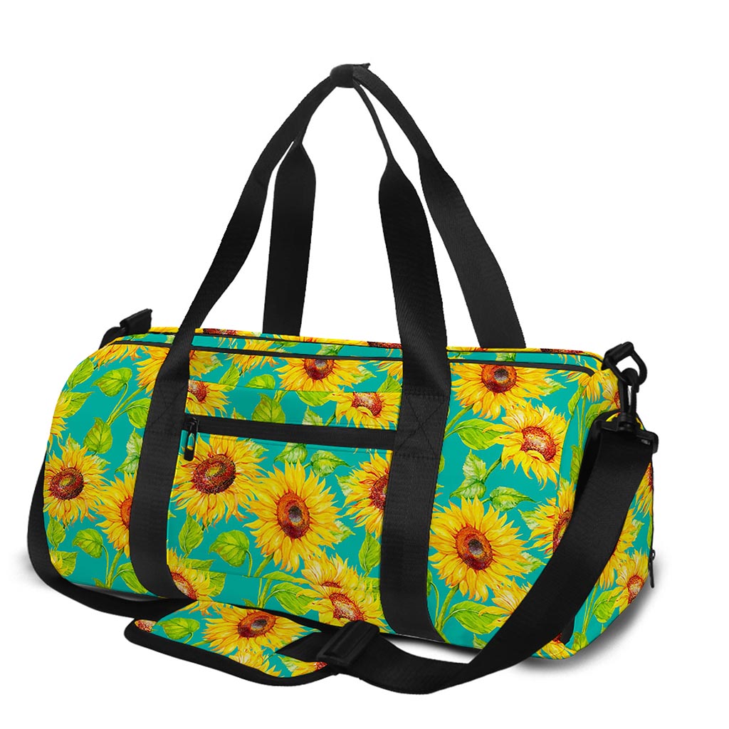 Teal Watercolor Sunflower Pattern Print Gym Bag
