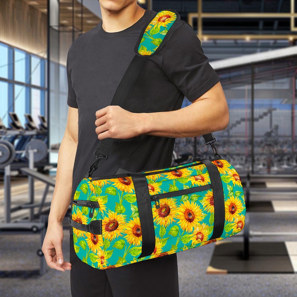 Teal Watercolor Sunflower Pattern Print Gym Bag