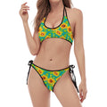 Teal Watercolor Sunflower Pattern Print Halter Scoop Tie Side Bikini