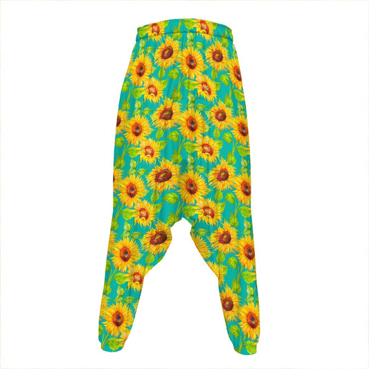 Teal Watercolor Sunflower Pattern Print Hammer Pants
