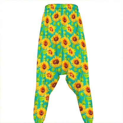 Teal Watercolor Sunflower Pattern Print Hammer Pants
