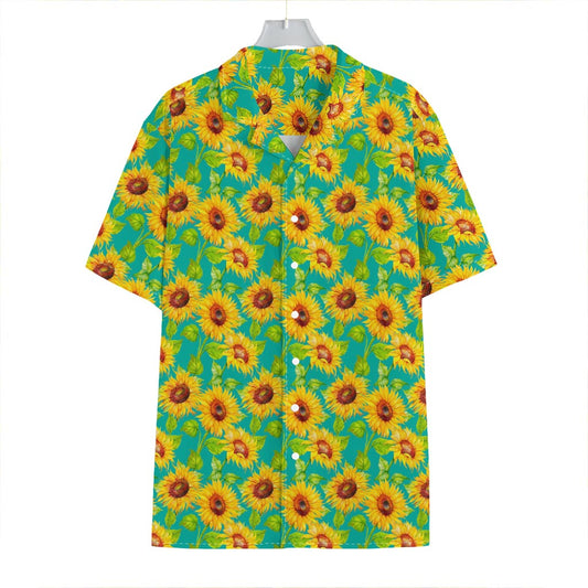 Teal Watercolor Sunflower Pattern Print Hawaiian Shirt