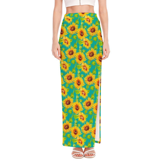 Teal Watercolor Sunflower Pattern Print High Slit Maxi Skirt
