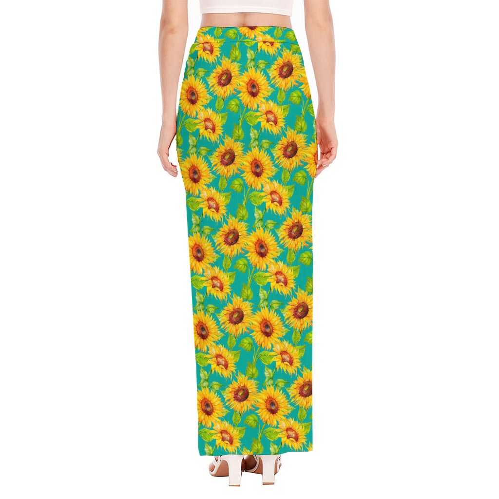 Teal Watercolor Sunflower Pattern Print High Slit Maxi Skirt