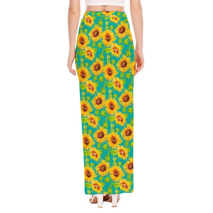 Teal Watercolor Sunflower Pattern Print High Slit Maxi Skirt