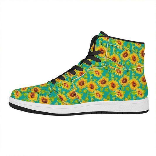 Teal Watercolor Sunflower Pattern Print High Top Leather Sneakers