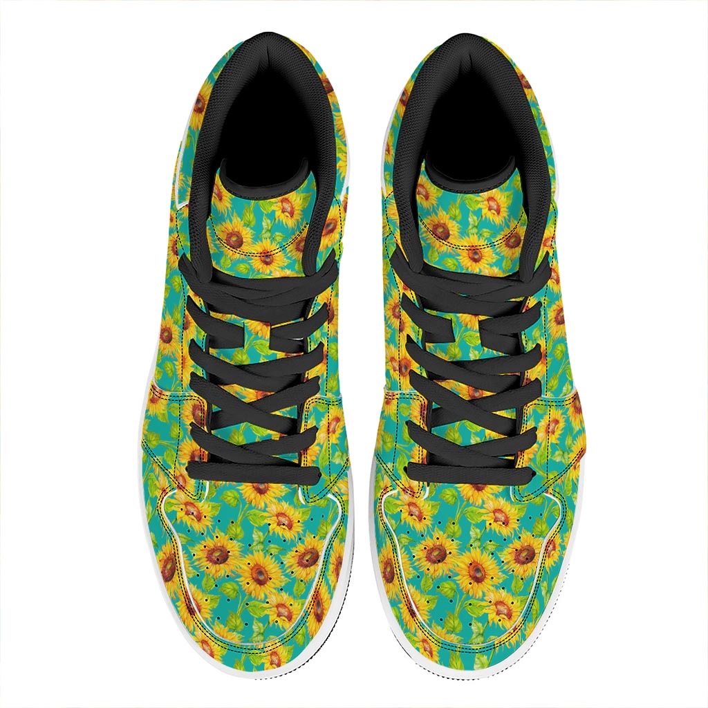 Teal Watercolor Sunflower Pattern Print High Top Leather Sneakers