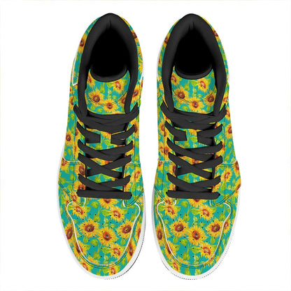 Teal Watercolor Sunflower Pattern Print High Top Leather Sneakers