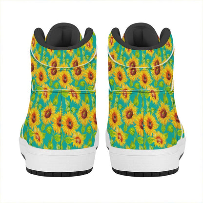 Teal Watercolor Sunflower Pattern Print High Top Leather Sneakers