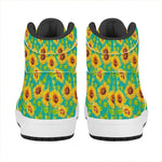 Teal Watercolor Sunflower Pattern Print High Top Leather Sneakers