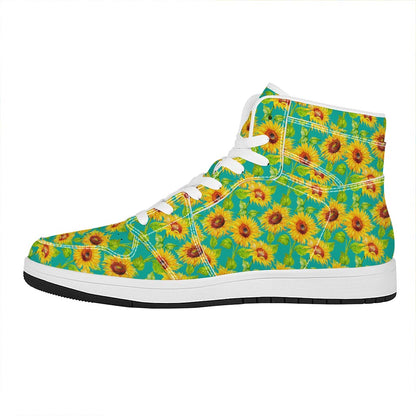 Teal Watercolor Sunflower Pattern Print High Top Leather Sneakers