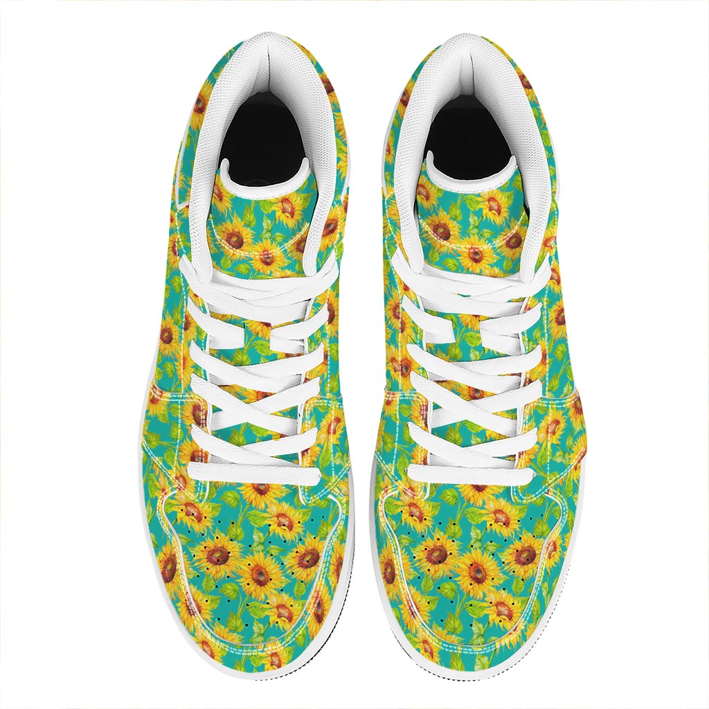 Teal Watercolor Sunflower Pattern Print High Top Leather Sneakers